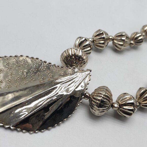 Bold Silver Leaf Pendant Necklace With Textured Beads Lobster Clasp - Picture 5 of 8